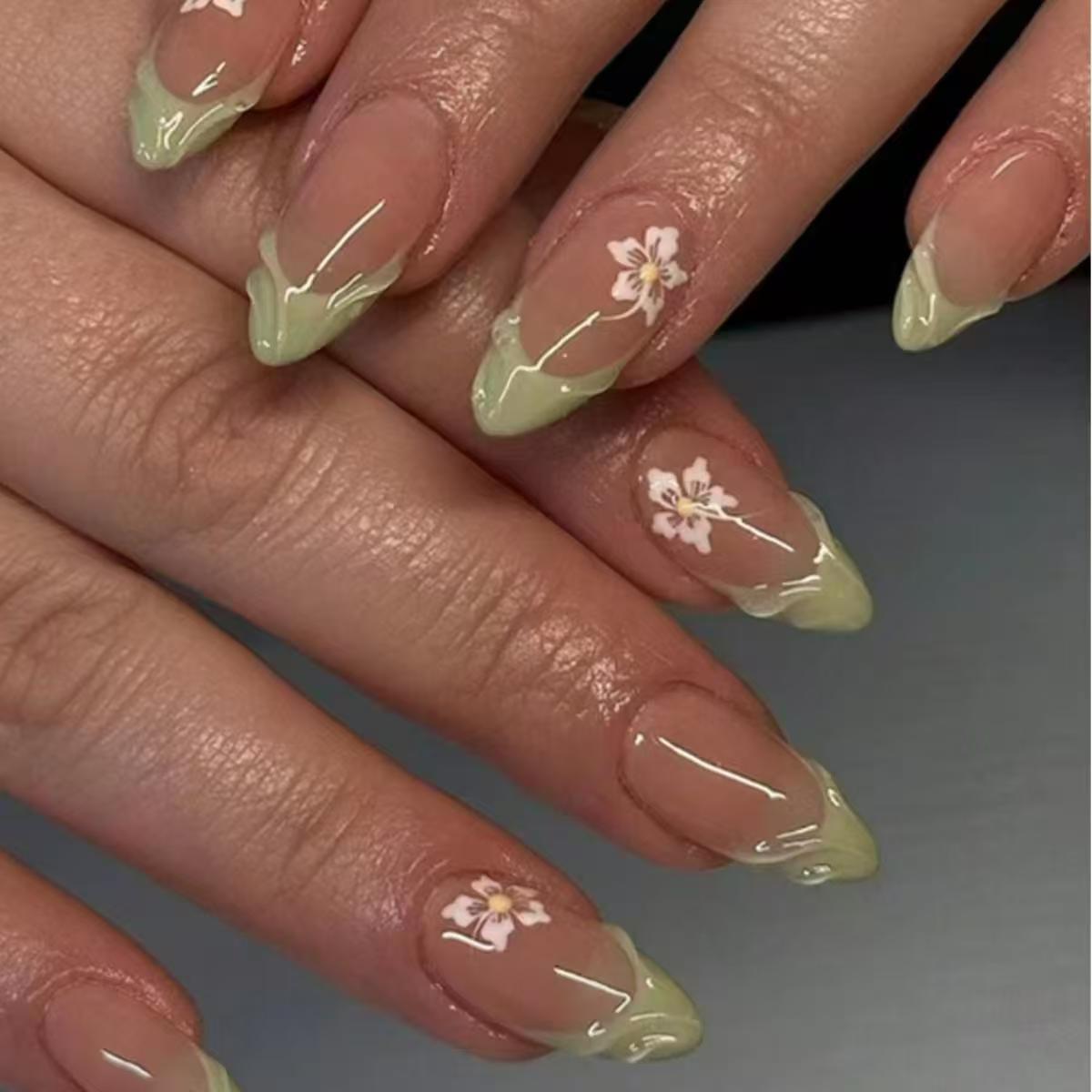 Nail Art Press On - 24pcs Simple Green French Fake Nails