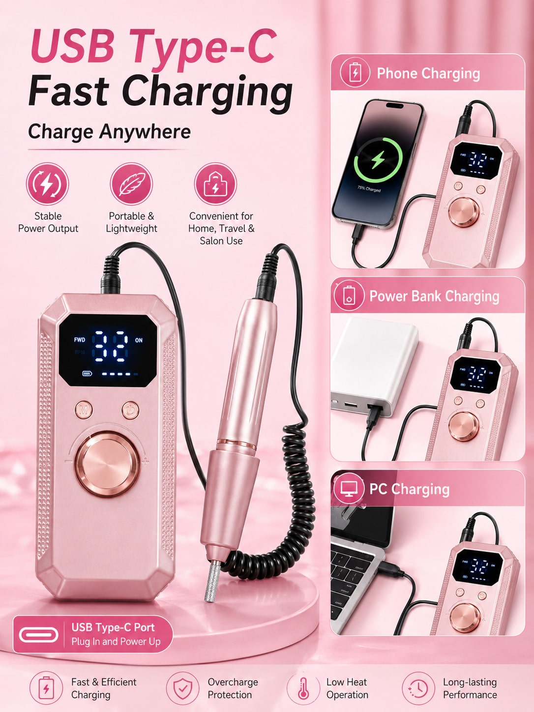 Nail Drill Machine - Professional Wireless Electric Nail Drill, Rechargeable